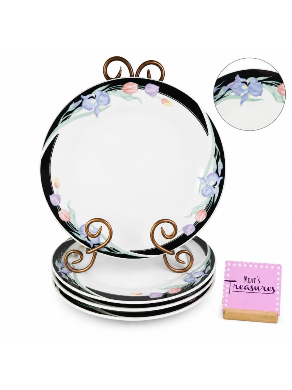 Excel CARAVEL Pink Purple Floral Iris Tulips Black Border Dinner Plates Set of 4
